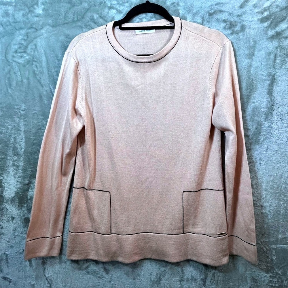 Calvin Klein Women's M Sweater Blush Pink Crewneck Contrast Piping Knit Logo